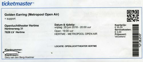 Golden Earring show ticket June 29, 2018 Hengelo - Openluchttheater Hertme